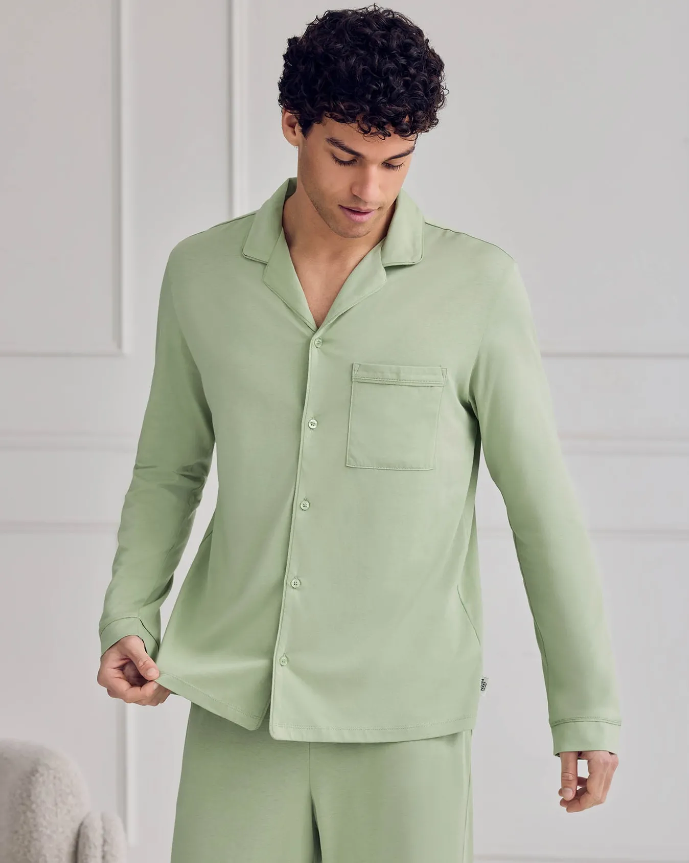 Mercerised Cotton Button Up Long Pyjama Set - Green