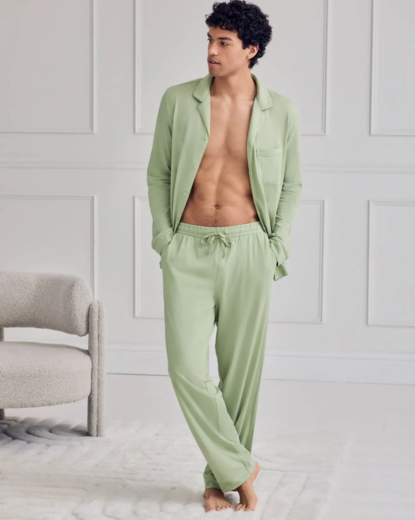 Mercerised Cotton Button Up Long Pyjama Set - Green