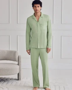 Mercerised Cotton Button Up Long Pyjama Set - Green