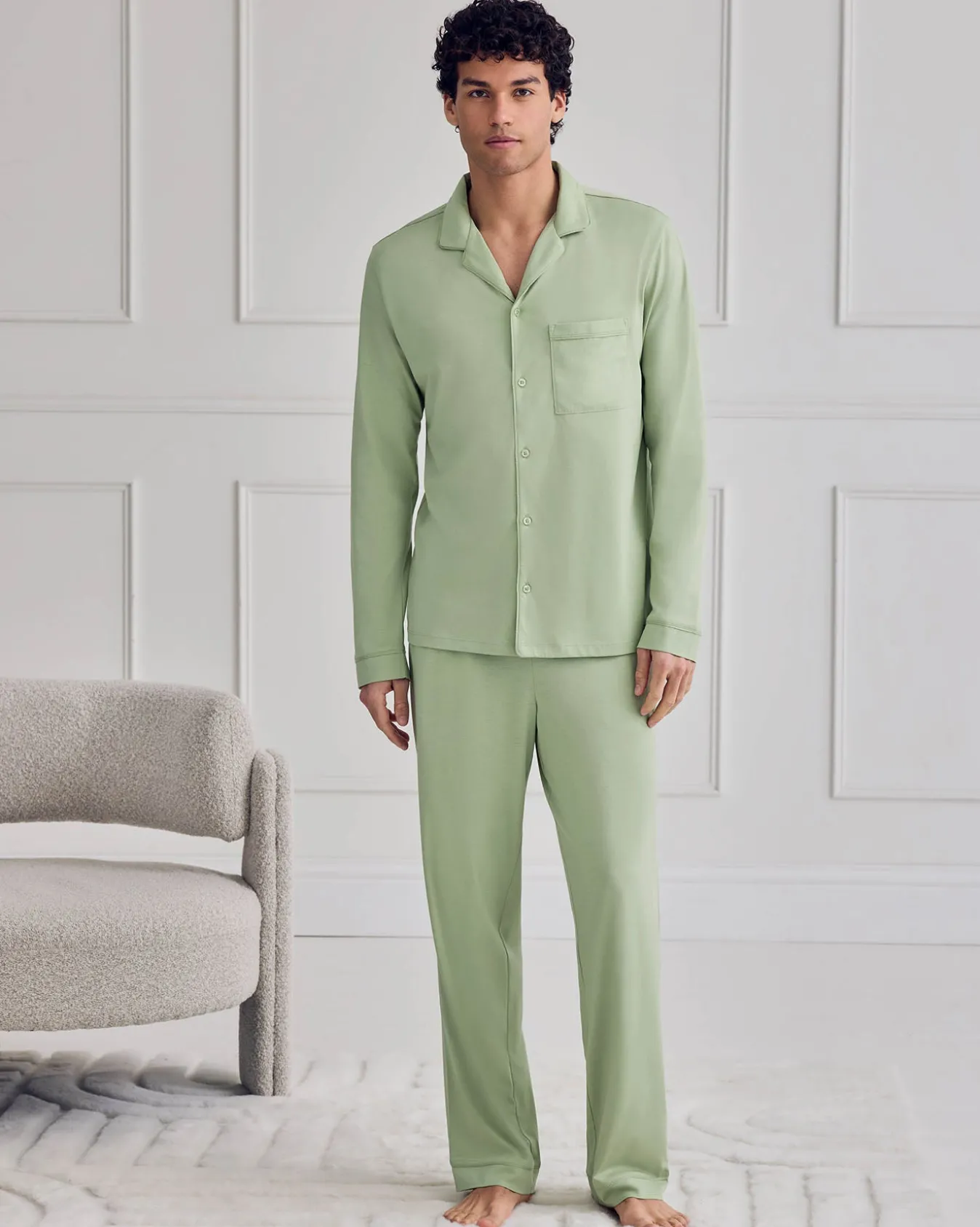 Mercerised Cotton Button Up Long Pyjama Set - Green