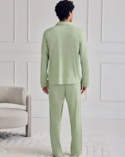Mercerised Cotton Button Up Long Pyjama Set - Green