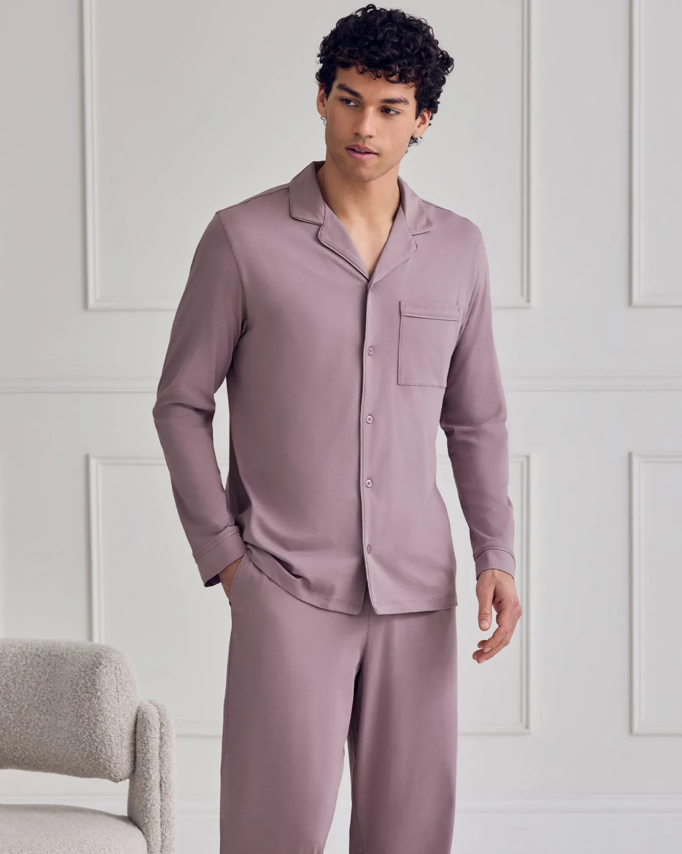 Mercerised Cotton Button Up Long Pyjama Set - Mauve
