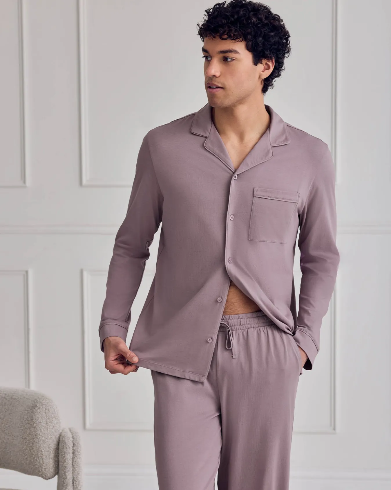 Mercerised Cotton Button Up Long Pyjama Set - Mauve