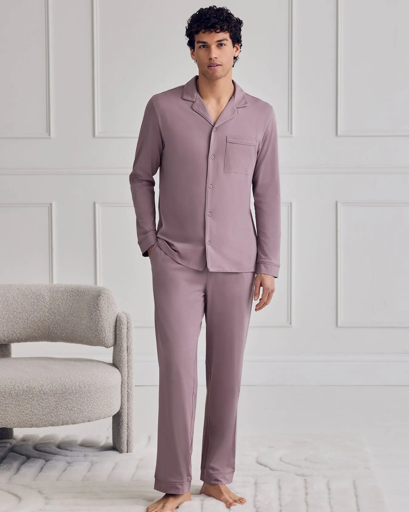 Mercerised Cotton Button Up Long Pyjama Set - Mauve