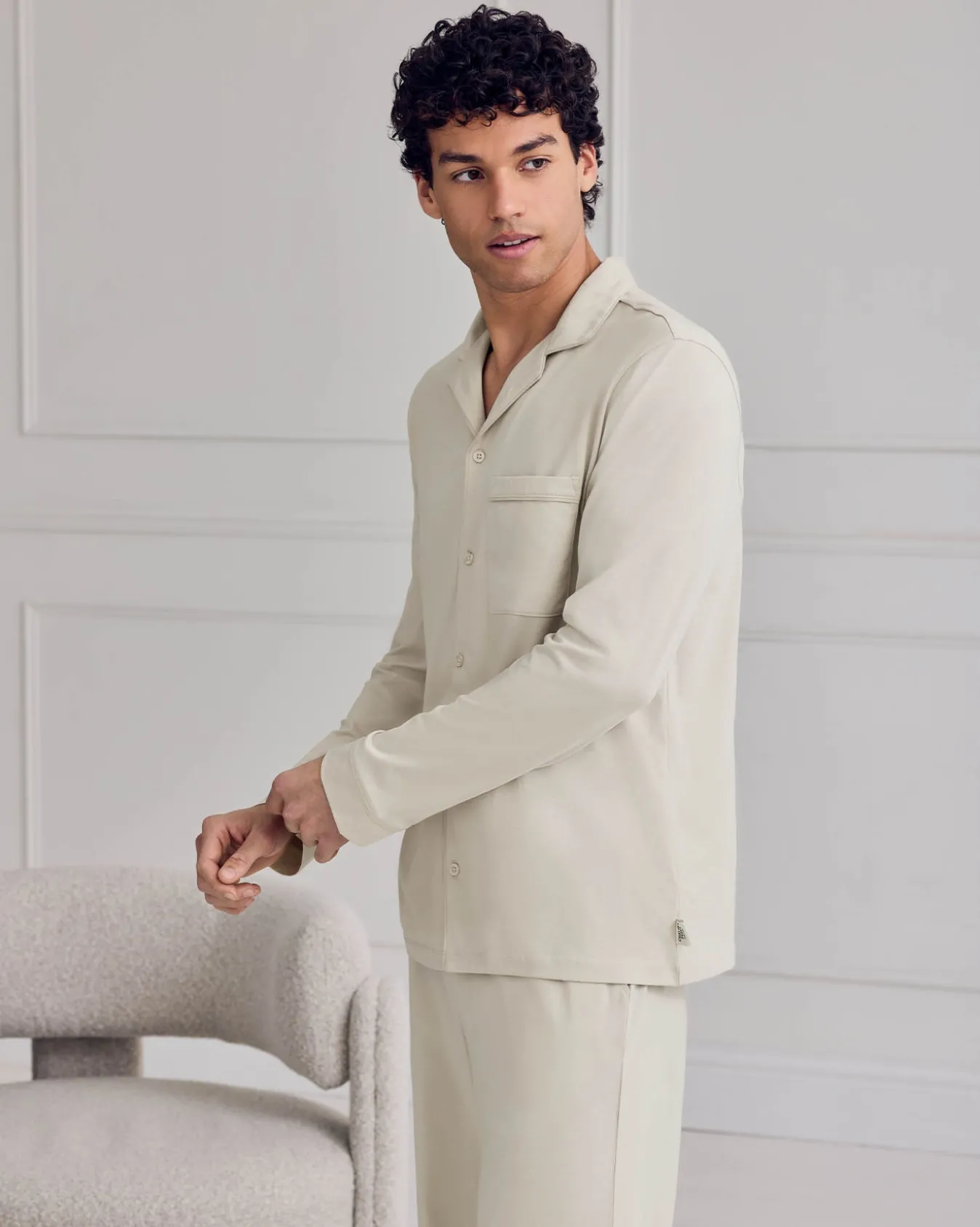 Mercerised Cotton Button Up Long Pyjama Set - Natural