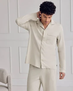 Mercerised Cotton Button Up Long Pyjama Set - Natural