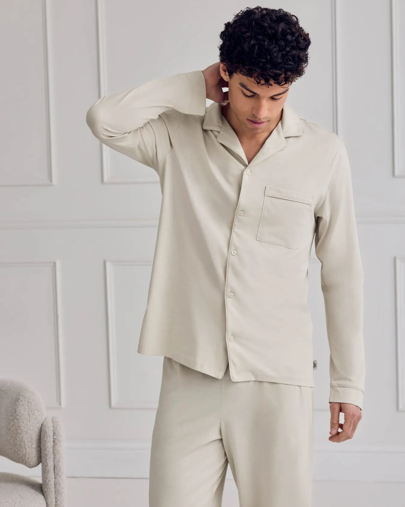 Mercerised Cotton Button Up Long Pyjama Set - Natural