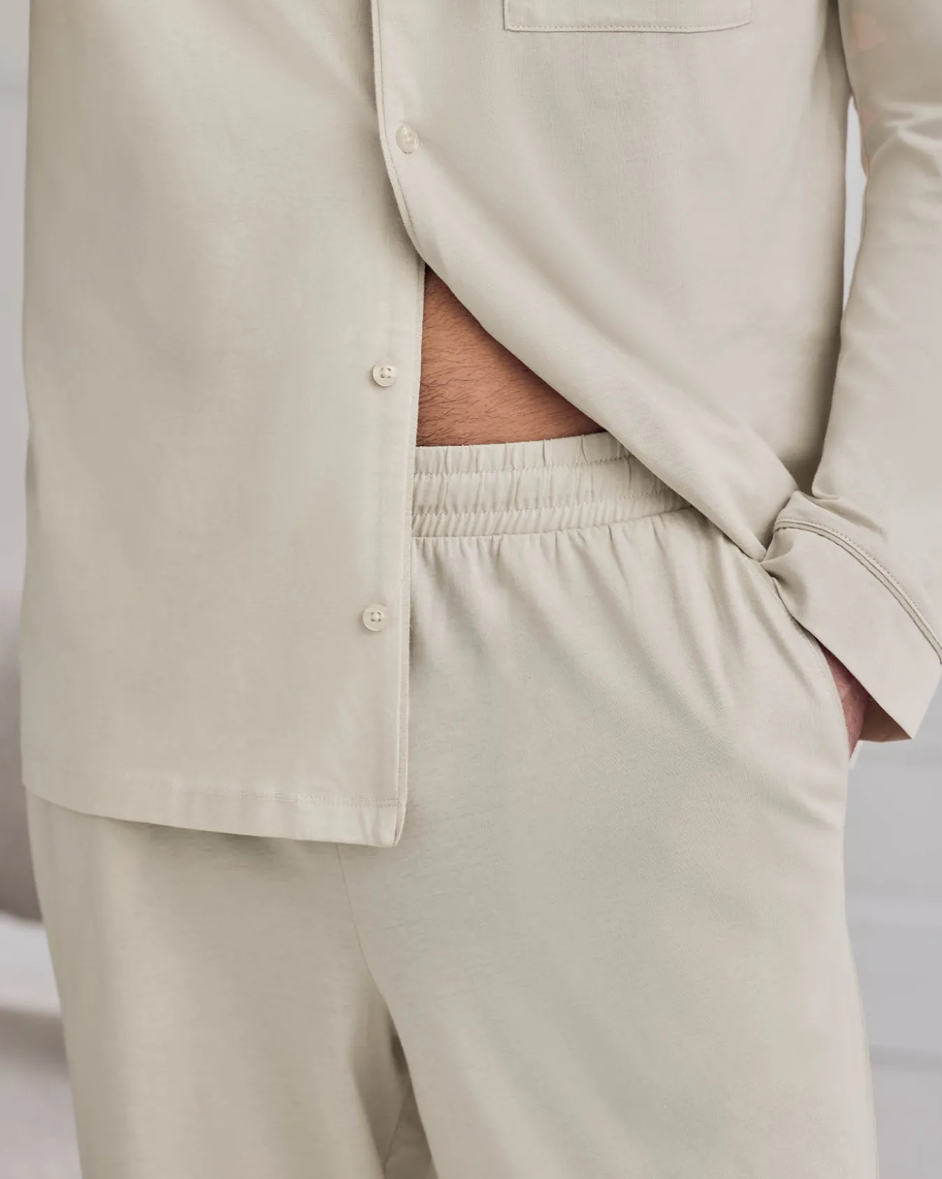 Mercerised Cotton Button Up Long Pyjama Set - Natural