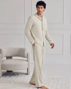 Mercerised Cotton Button Up Long Pyjama Set - Natural