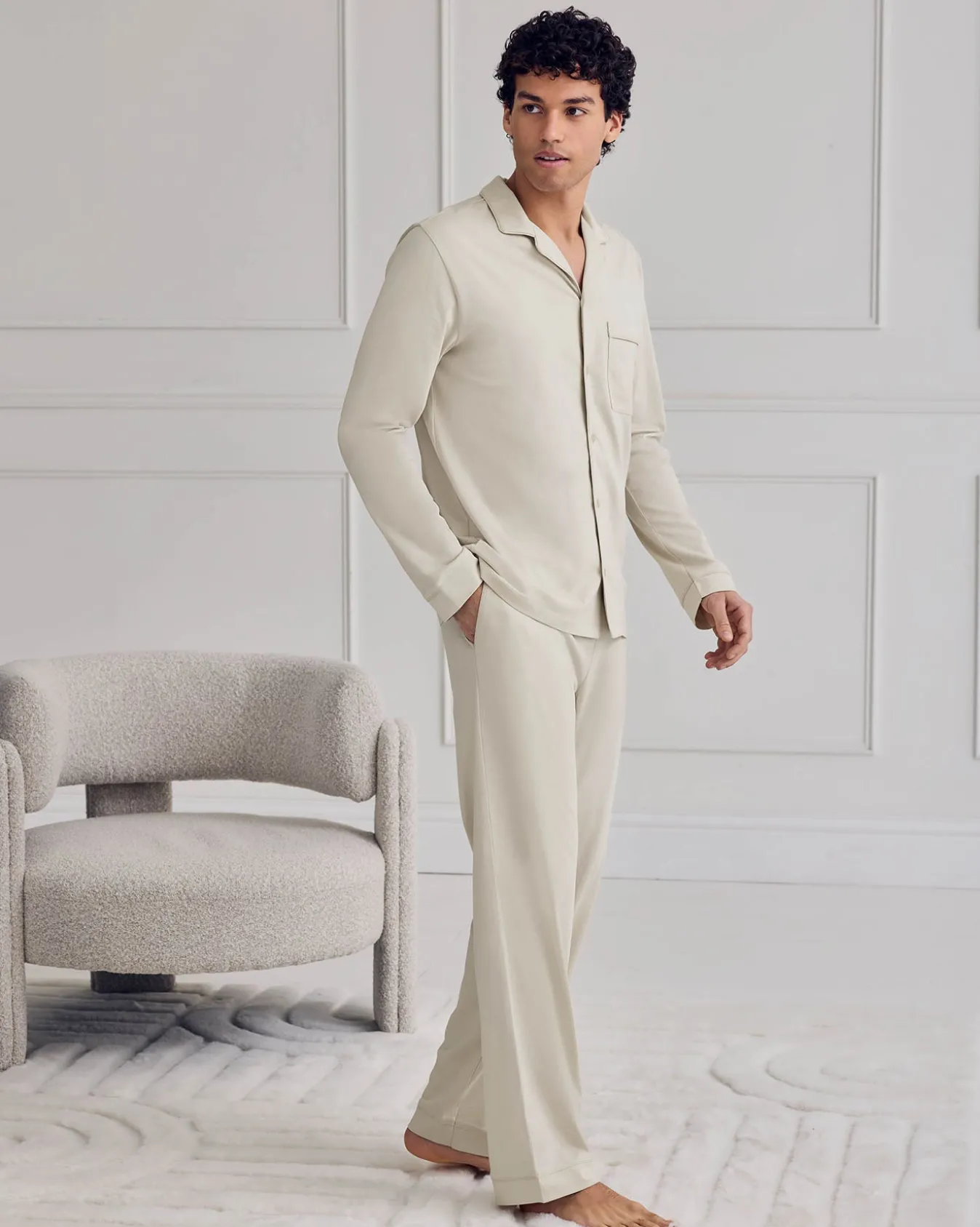Mercerised Cotton Button Up Long Pyjama Set - Natural