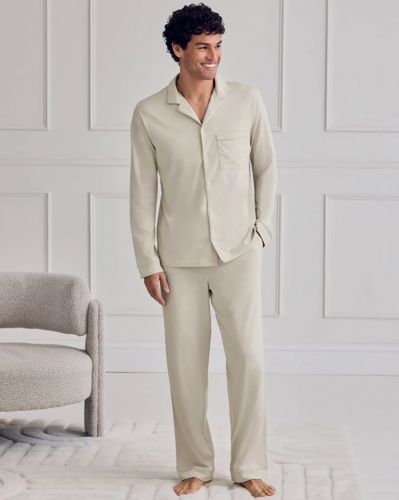 Mercerised Cotton Button Up Long Pyjama Set - Natural