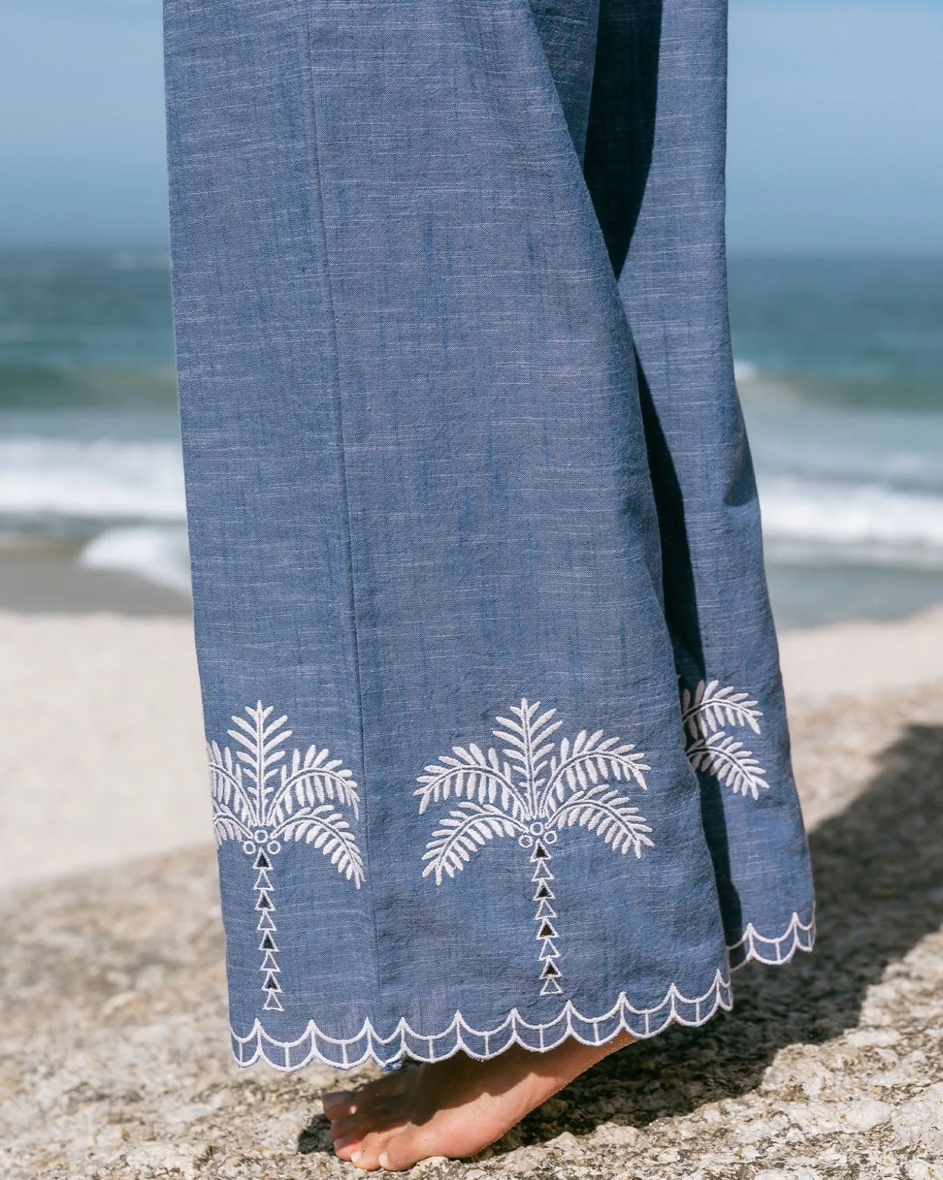 Organic Cotton Chambray Embroidered Scallop Edge Wide Leg Trousers