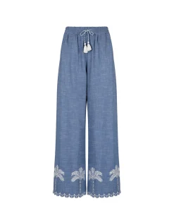Organic Cotton Chambray Embroidered Scallop Edge Wide Leg Trousers