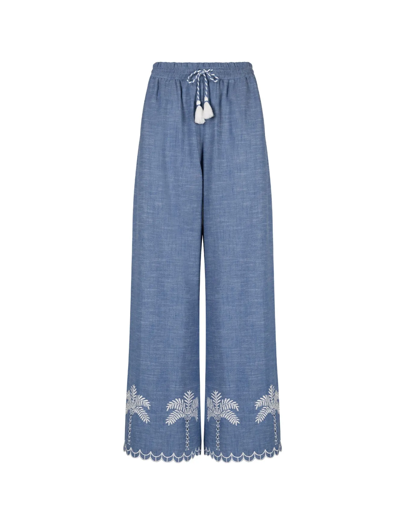 Organic Cotton Chambray Embroidered Scallop Edge Wide Leg Trousers