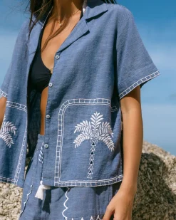 Organic Cotton Chambray Embroidered Short Sleeve Shirt