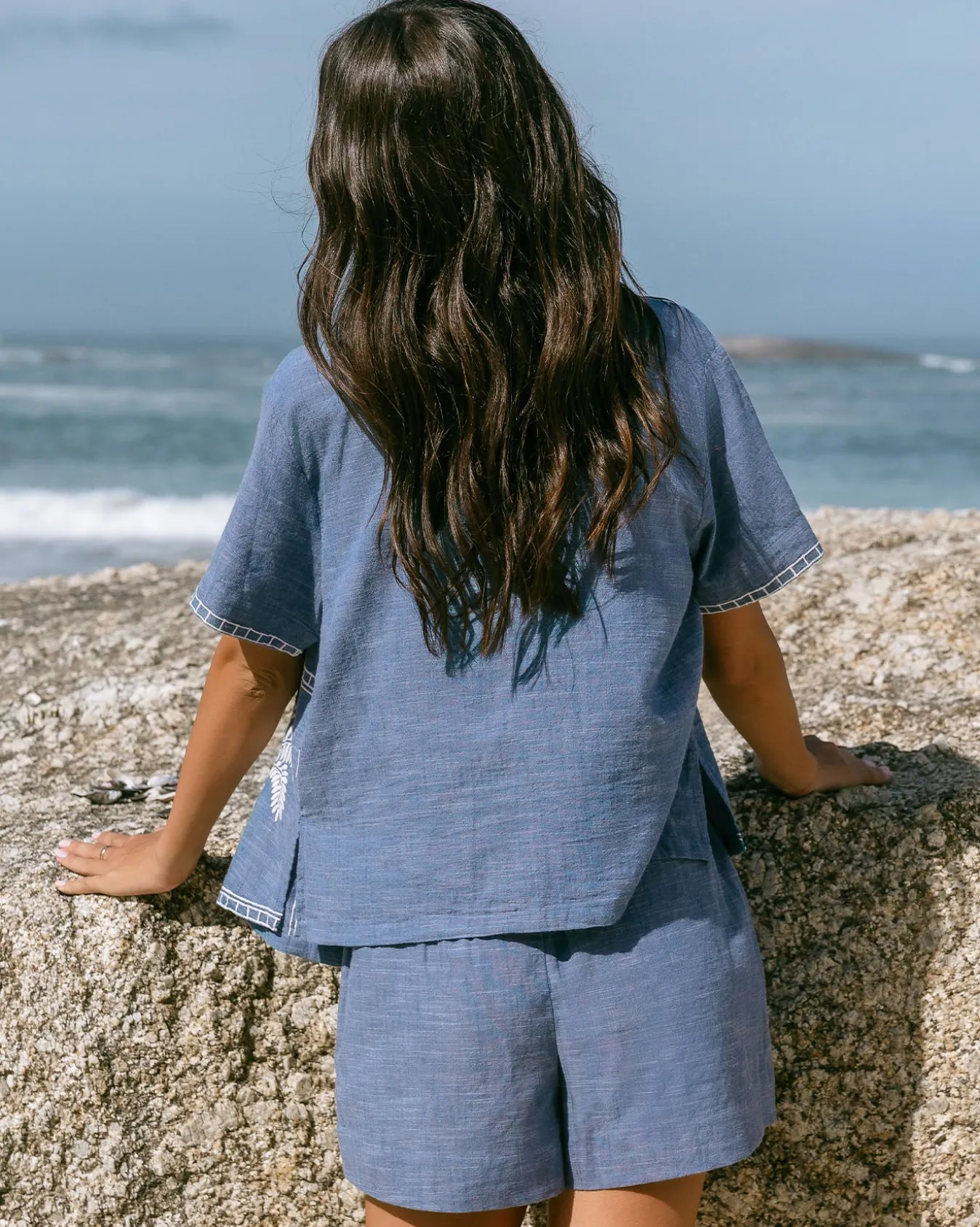 Organic Cotton Chambray Embroidered Short Sleeve Shirt