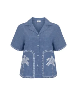 Organic Cotton Chambray Embroidered Short Sleeve Shirt