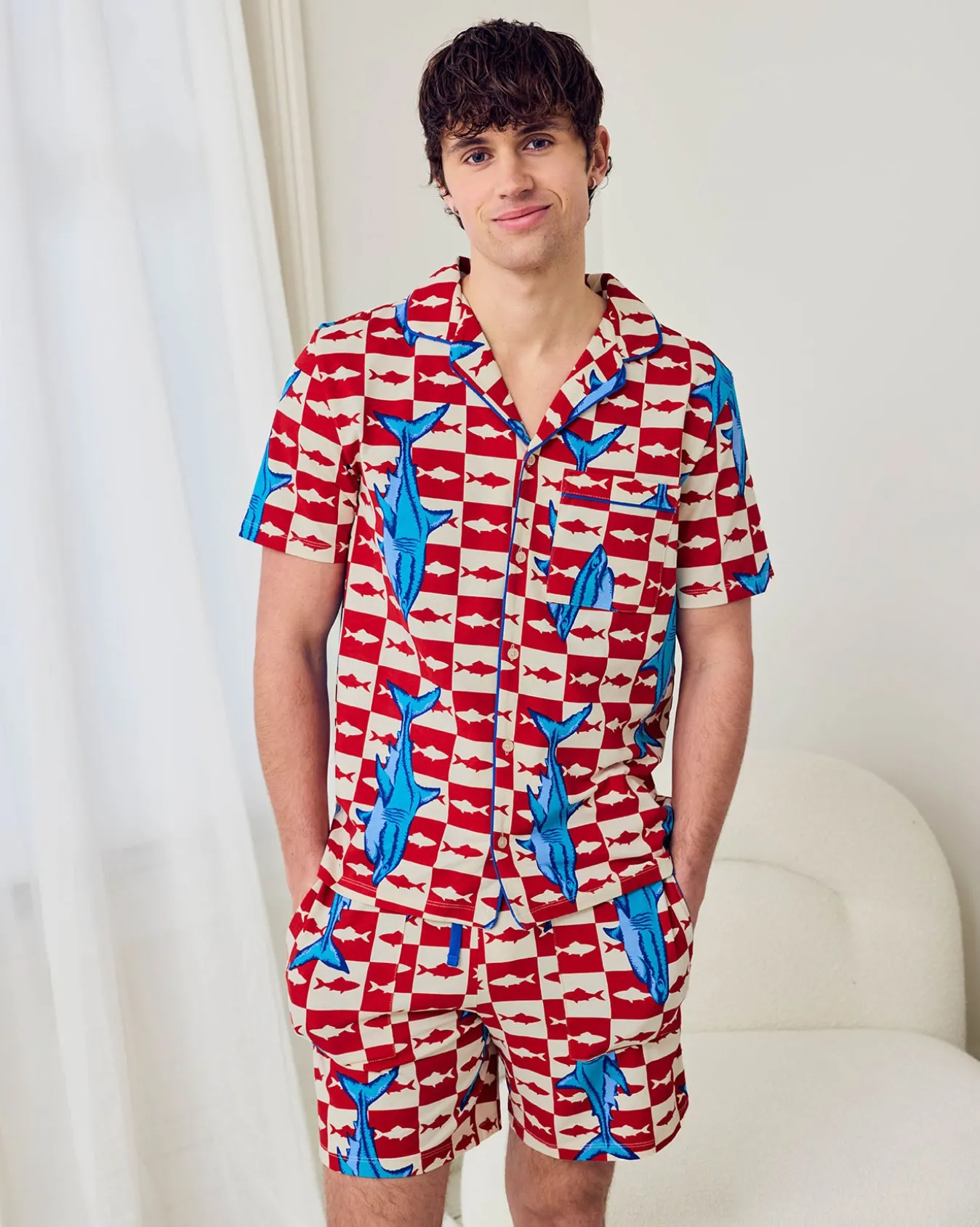 Organic Cotton Checkerboard Shark Print Button Up Short Pyjama Set