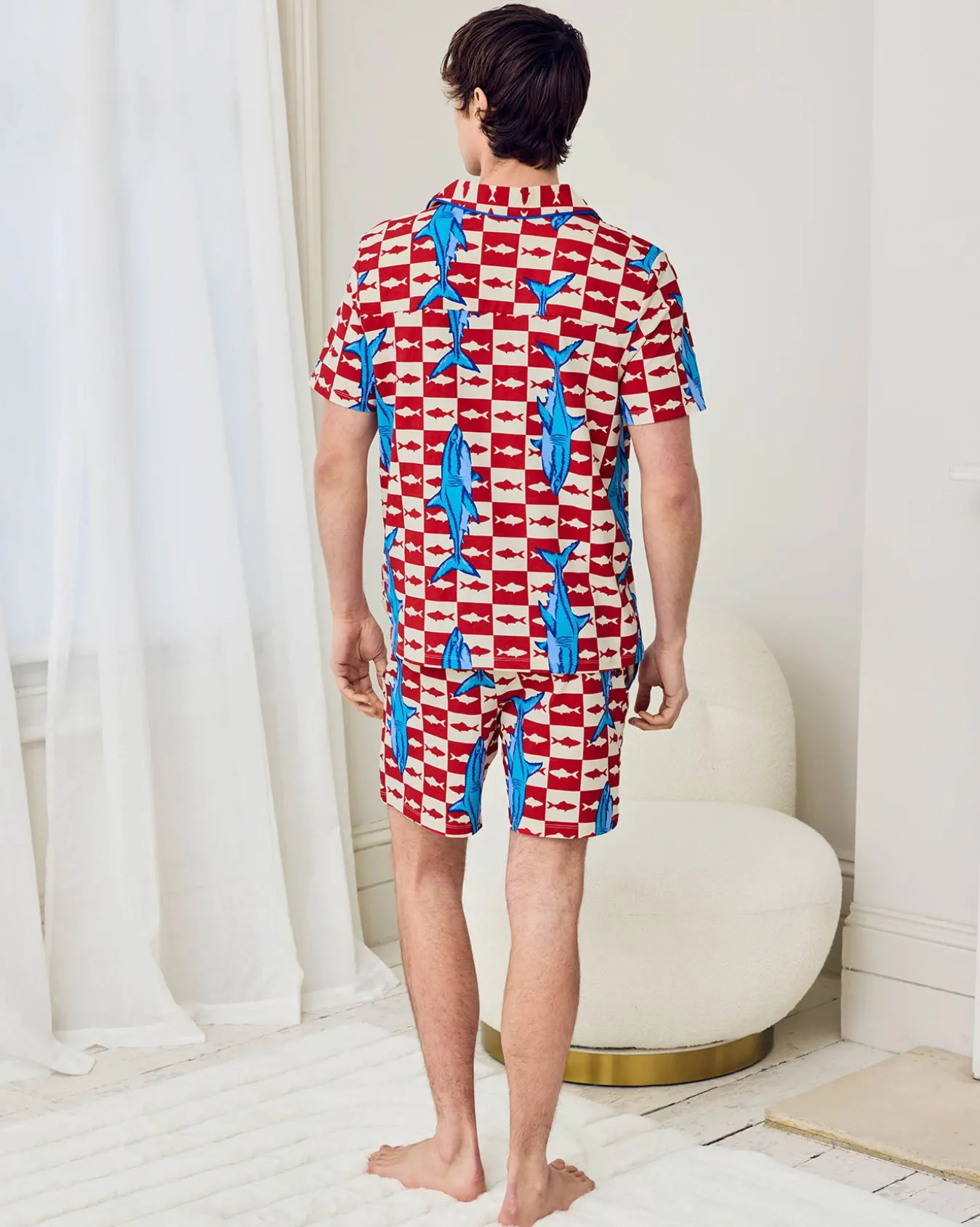 Organic Cotton Checkerboard Shark Print Button Up Short Pyjama Set