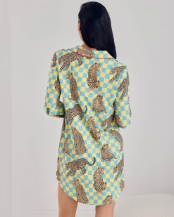 Organic Cotton Checkerboard Leopards Print Button-Up Nightshirt