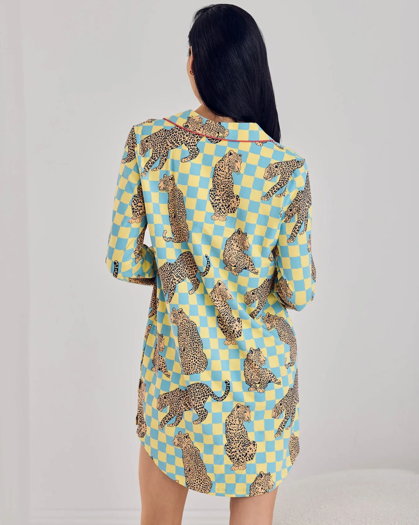 Organic Cotton Checkerboard Leopards Print Button-Up Nightshirt