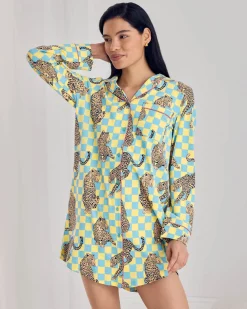 Organic Cotton Checkerboard Leopards Print Button-Up Nightshirt