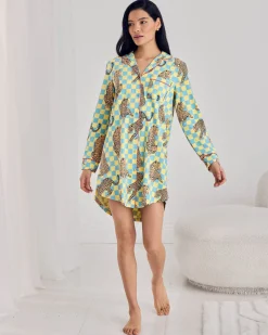 Organic Cotton Checkerboard Leopards Print Button-Up Nightshirt