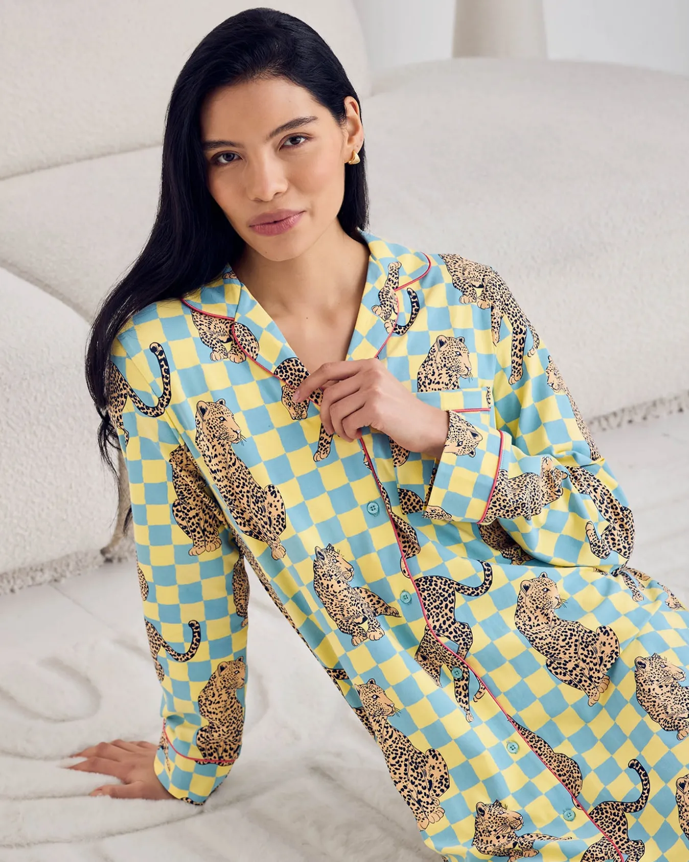 Organic Cotton Checkerboard Leopards Print Button-Up Nightshirt