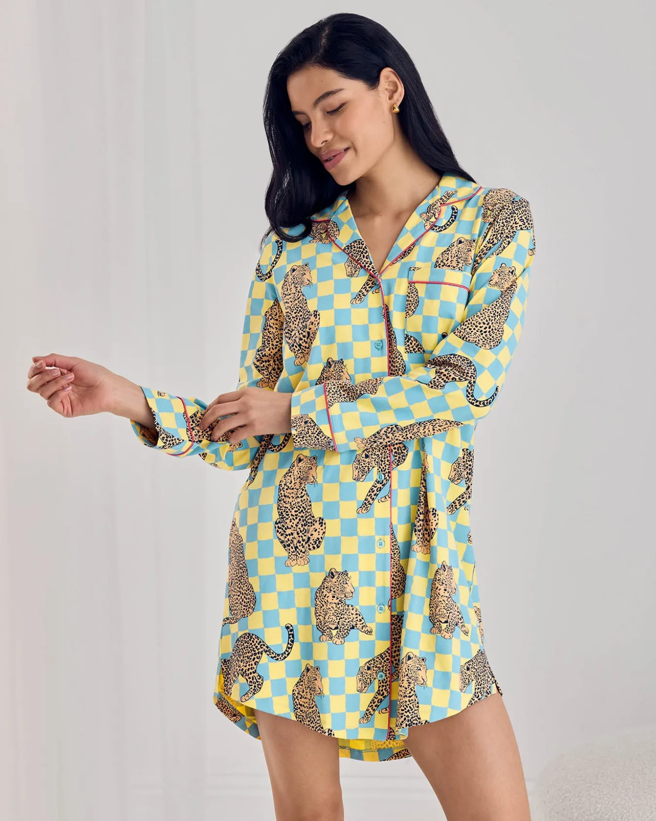 Organic Cotton Checkerboard Leopards Print Button-Up Nightshirt
