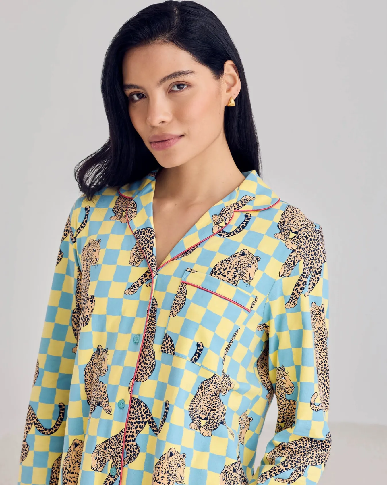 Organic Cotton Checkerboard Leopards Print Button-Up Nightshirt