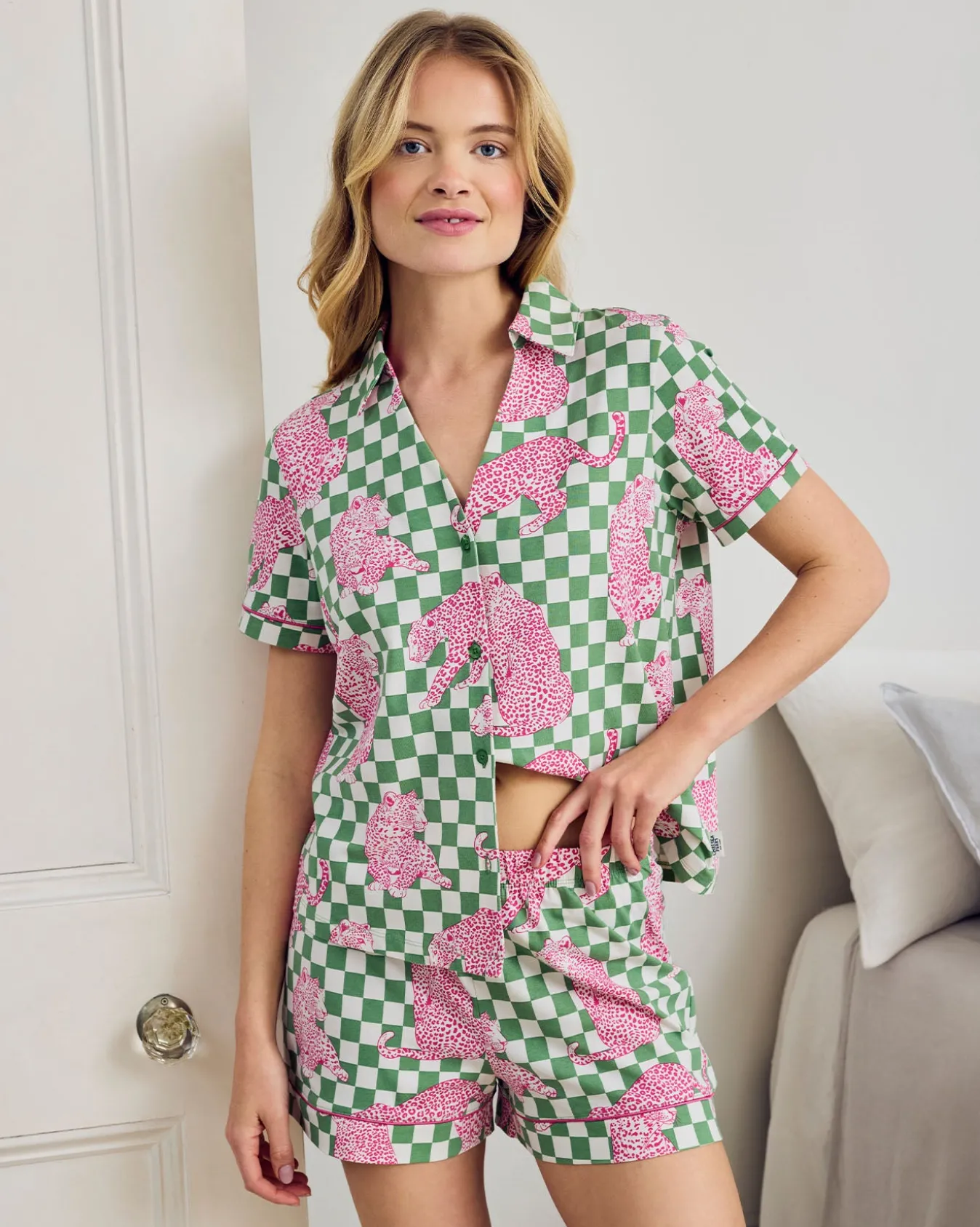 Organic Cotton Checkerboard Leopards Print Short Pyjama Set