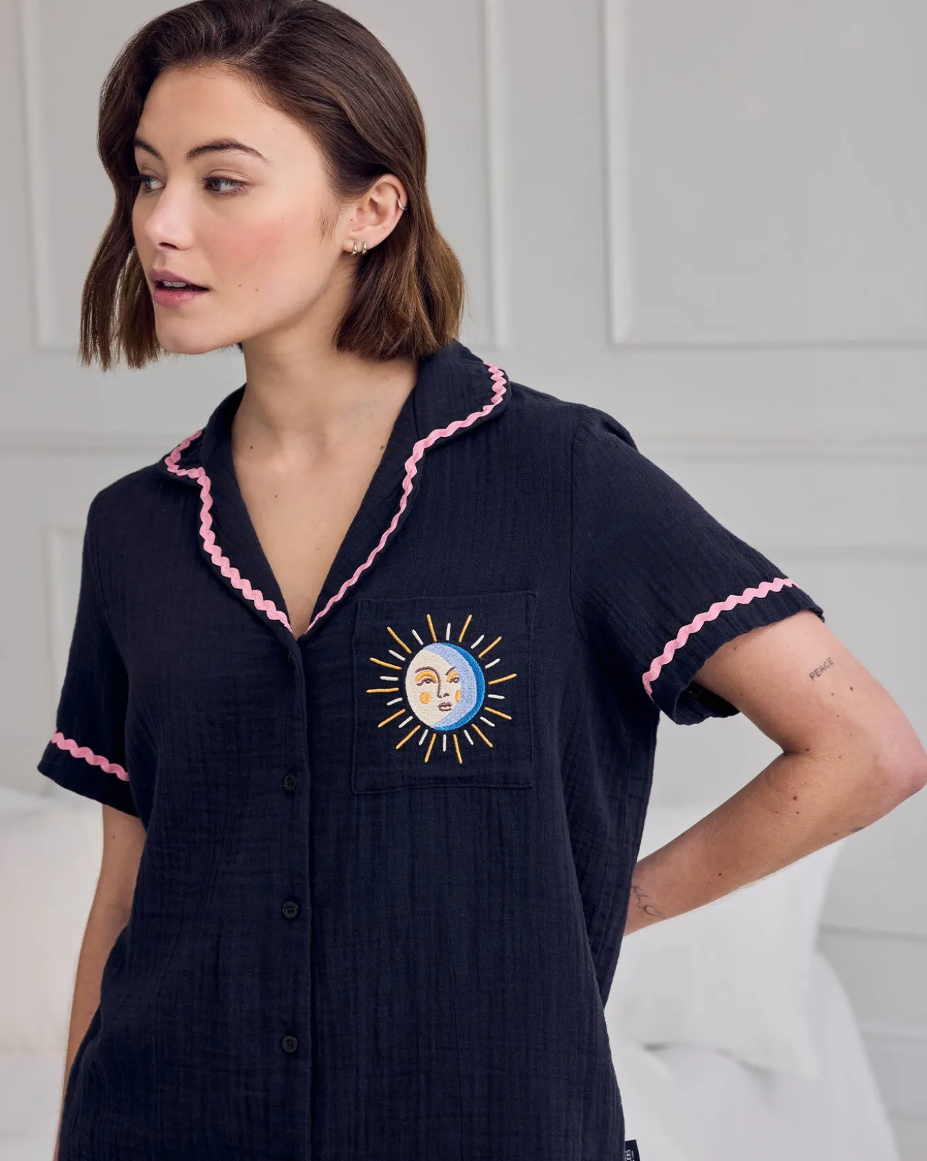 Organic Cotton Cheesecloth Embroidered La Lune Short Pyjama Set