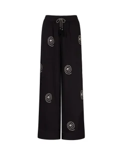 Organic Cotton Cheesecloth Embroidered Palm Loop Trousers - Black