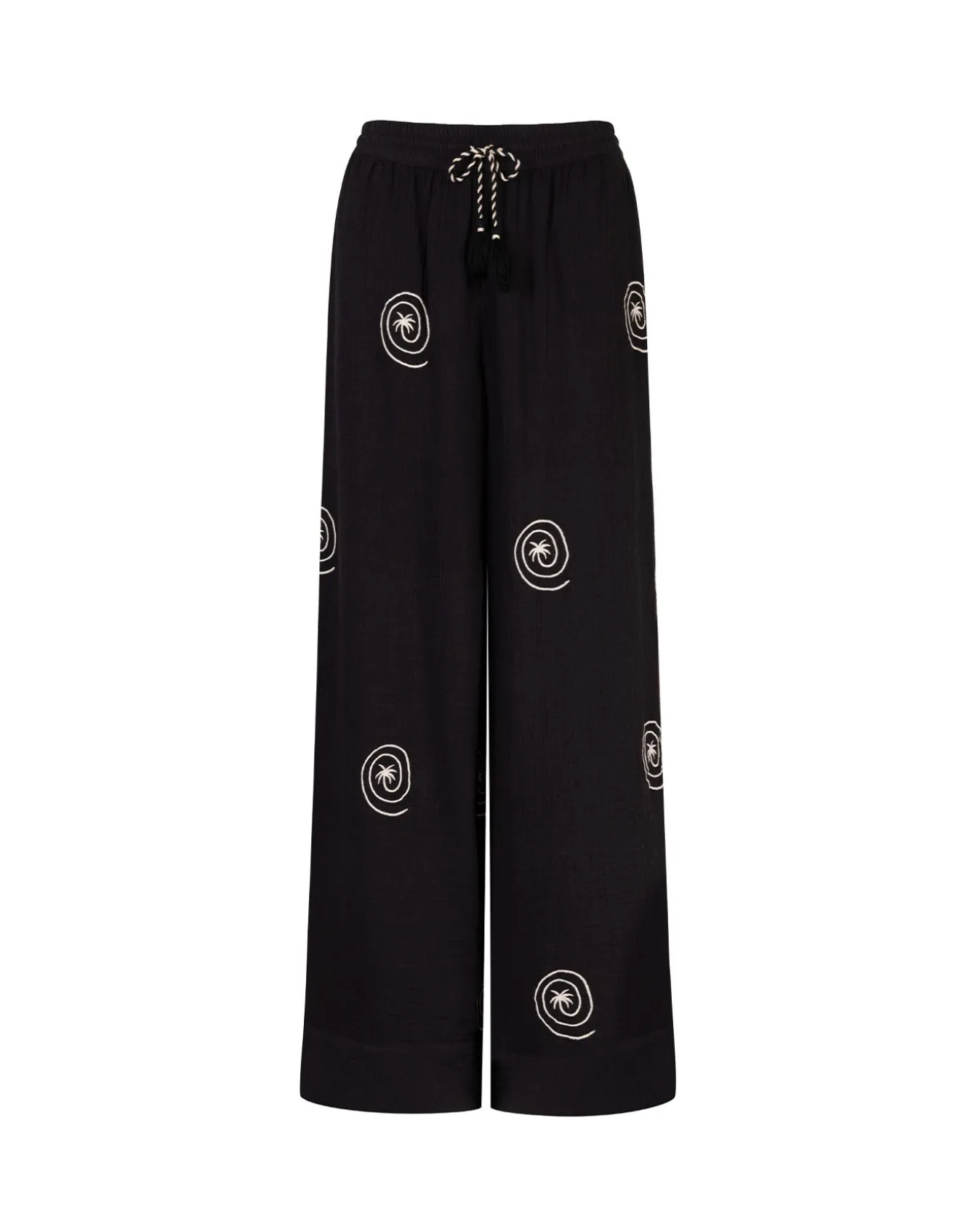 Organic Cotton Cheesecloth Embroidered Palm Loop Trousers - Black