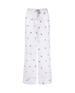 Organic Cotton Cheesecloth Embroidered Olive Trousers - White