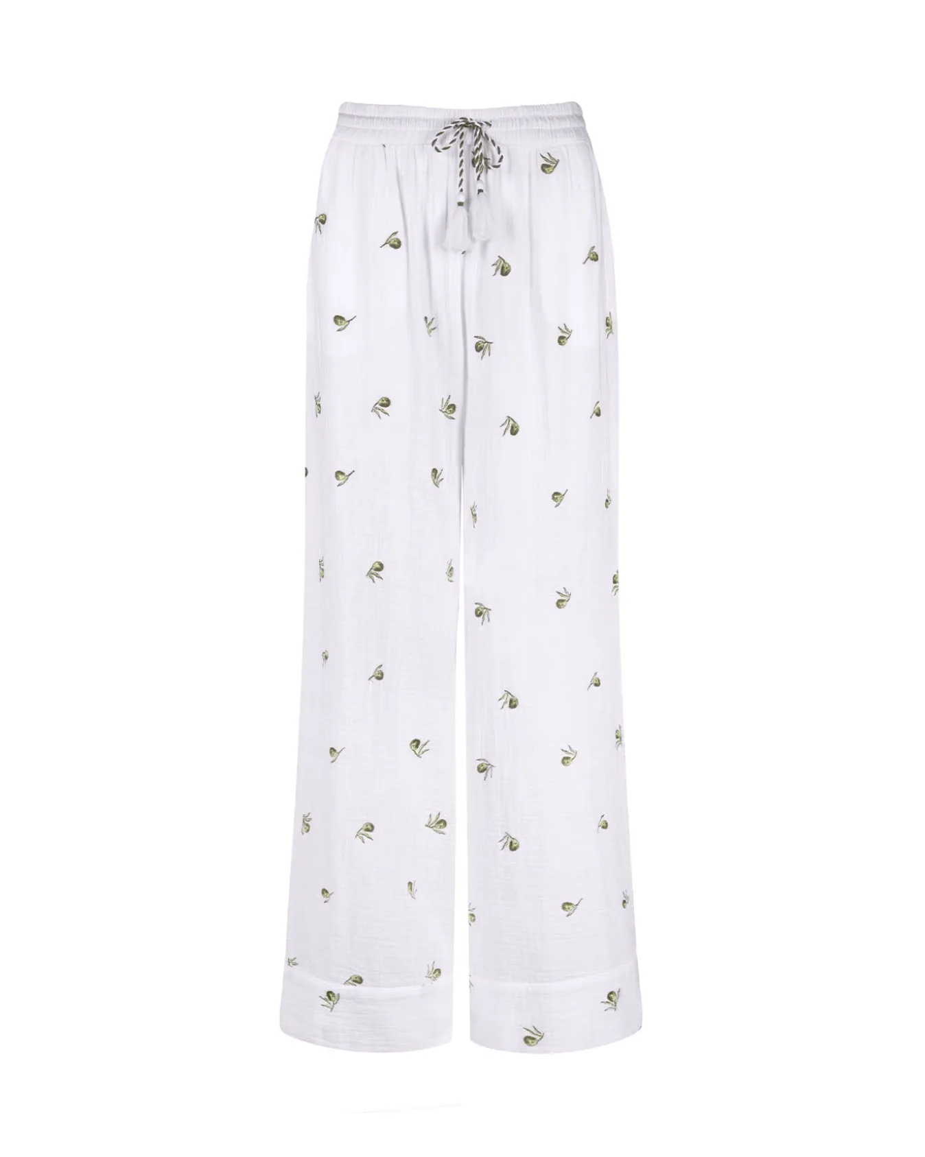 Organic Cotton Cheesecloth Embroidered Olive Trousers - White
