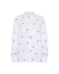 Organic Cotton Cheesecloth Embroidered Olive Print Long Sleeve Shirt