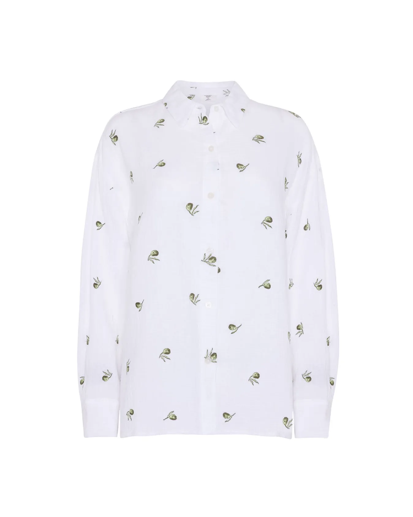 Organic Cotton Cheesecloth Embroidered Olive Print Long Sleeve Shirt