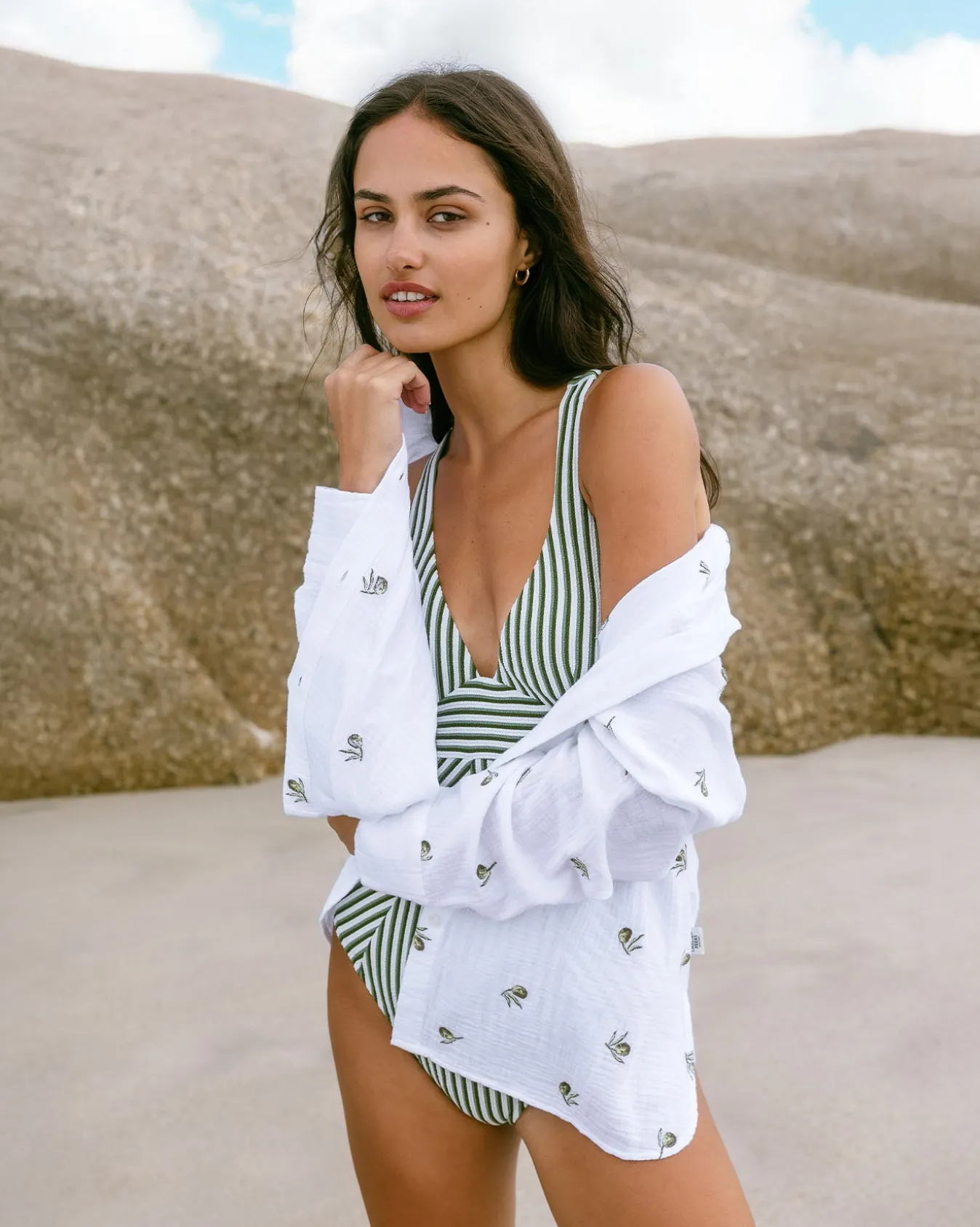 Organic Cotton Cheesecloth Embroidered Olive Print Long Sleeve Shirt