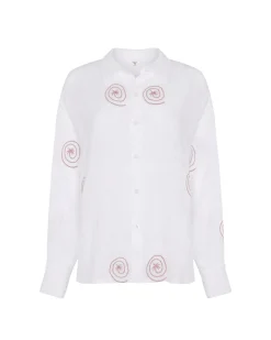 Organic Cotton Cheesecloth Embroidered Palm Loop Long Sleeve Shirt - Cream