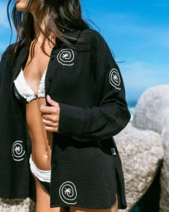 Organic Cotton Cheesecloth Embroidered Palm Loop Long Sleeve Shirt - Black