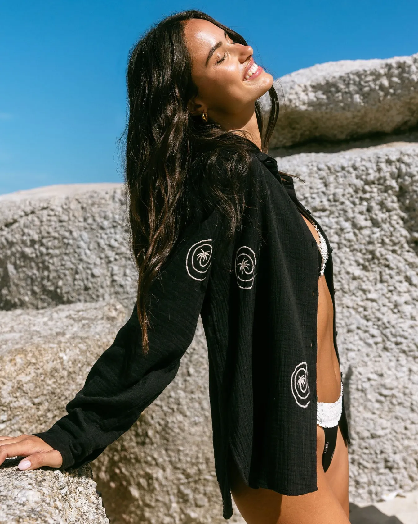 Organic Cotton Cheesecloth Embroidered Palm Loop Long Sleeve Shirt - Black