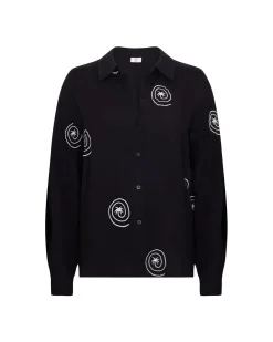 Organic Cotton Cheesecloth Embroidered Palm Loop Long Sleeve Shirt - Black