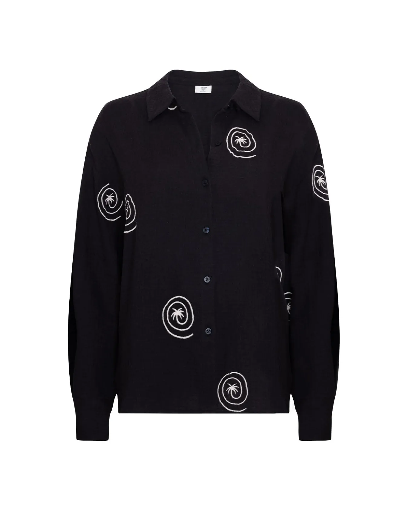 Organic Cotton Cheesecloth Embroidered Palm Loop Long Sleeve Shirt - Black