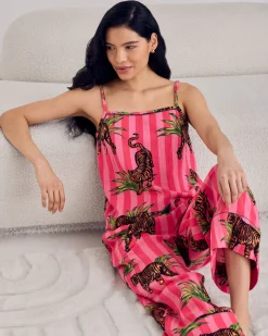 Organic Cotton Cheesecloth Leaf Tiger Stripe Print Cami Long Pyjama Set