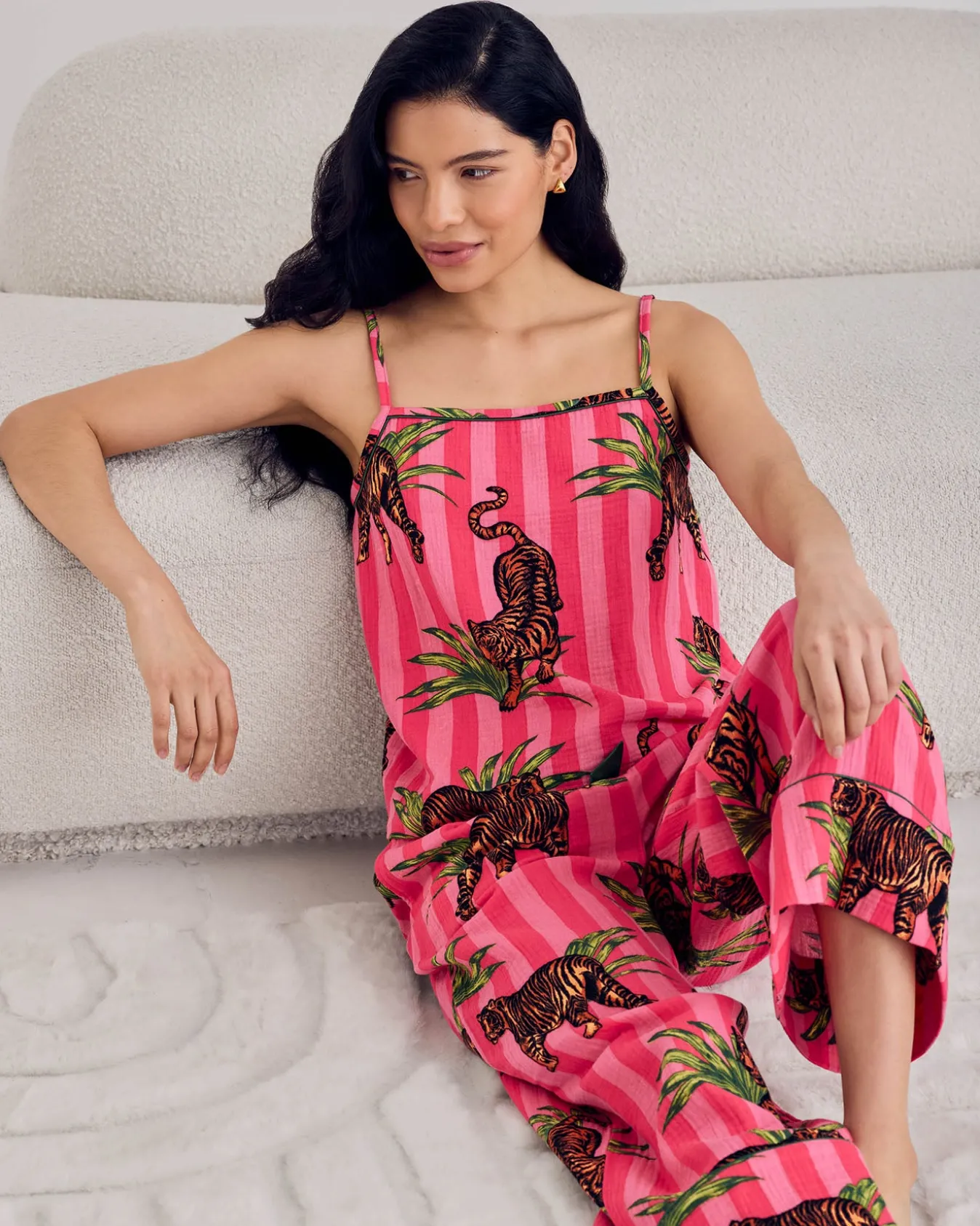 Organic Cotton Cheesecloth Leaf Tiger Stripe Print Cami Long Pyjama Set