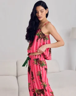 Organic Cotton Cheesecloth Leaf Tiger Stripe Print Cami Long Pyjama Set