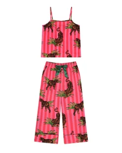 Organic Cotton Cheesecloth Leaf Tiger Stripe Print Cami Long Pyjama Set