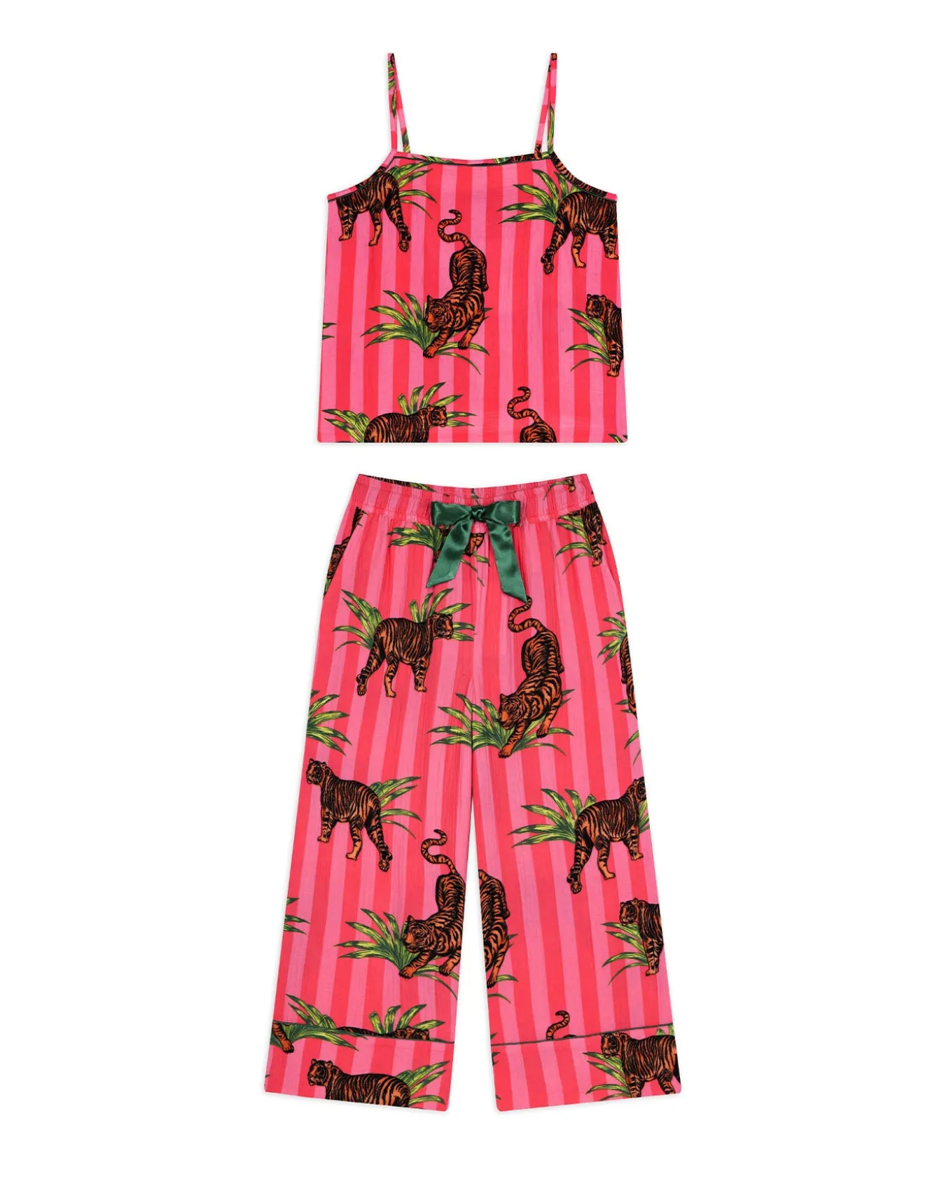 Organic Cotton Cheesecloth Leaf Tiger Stripe Print Cami Long Pyjama Set