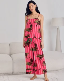 Organic Cotton Cheesecloth Leaf Tiger Stripe Print Cami Long Pyjama Set